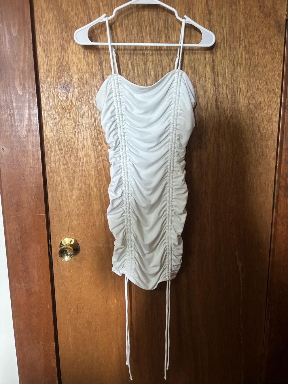 Ruched White Spaghetti Strap Mini Dress